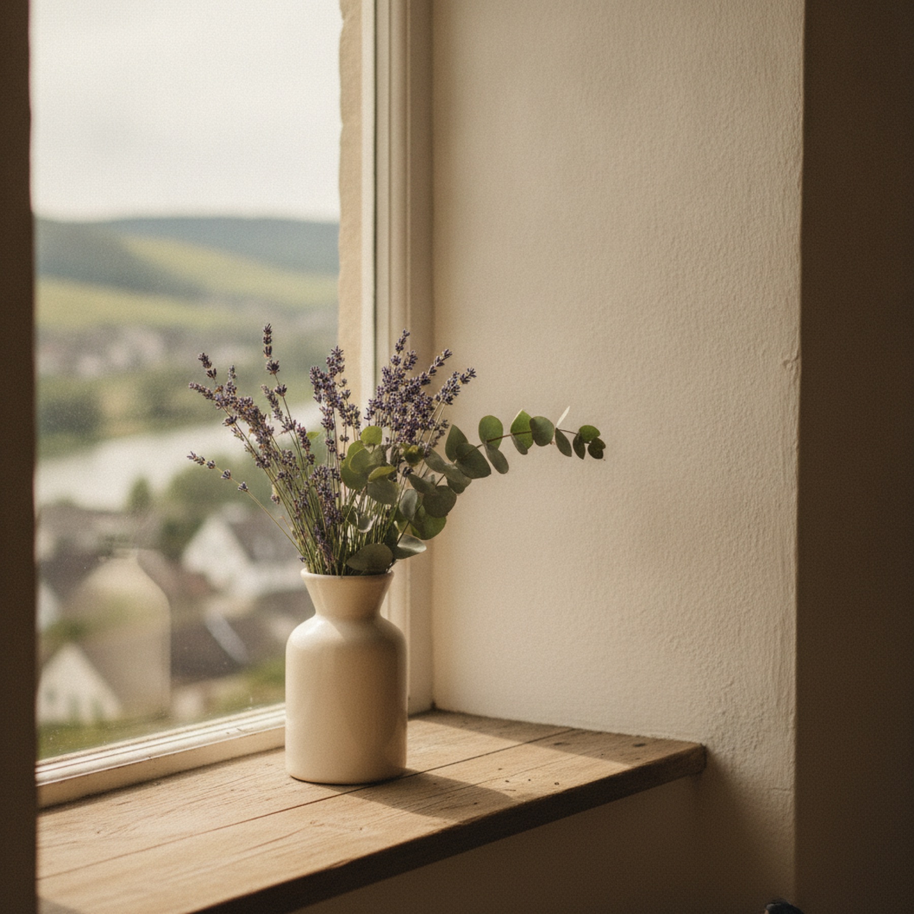Lavendelstrauß in einer Vase auf einem Fensterbrett, im Hintergrund ein Dorf am Rhein