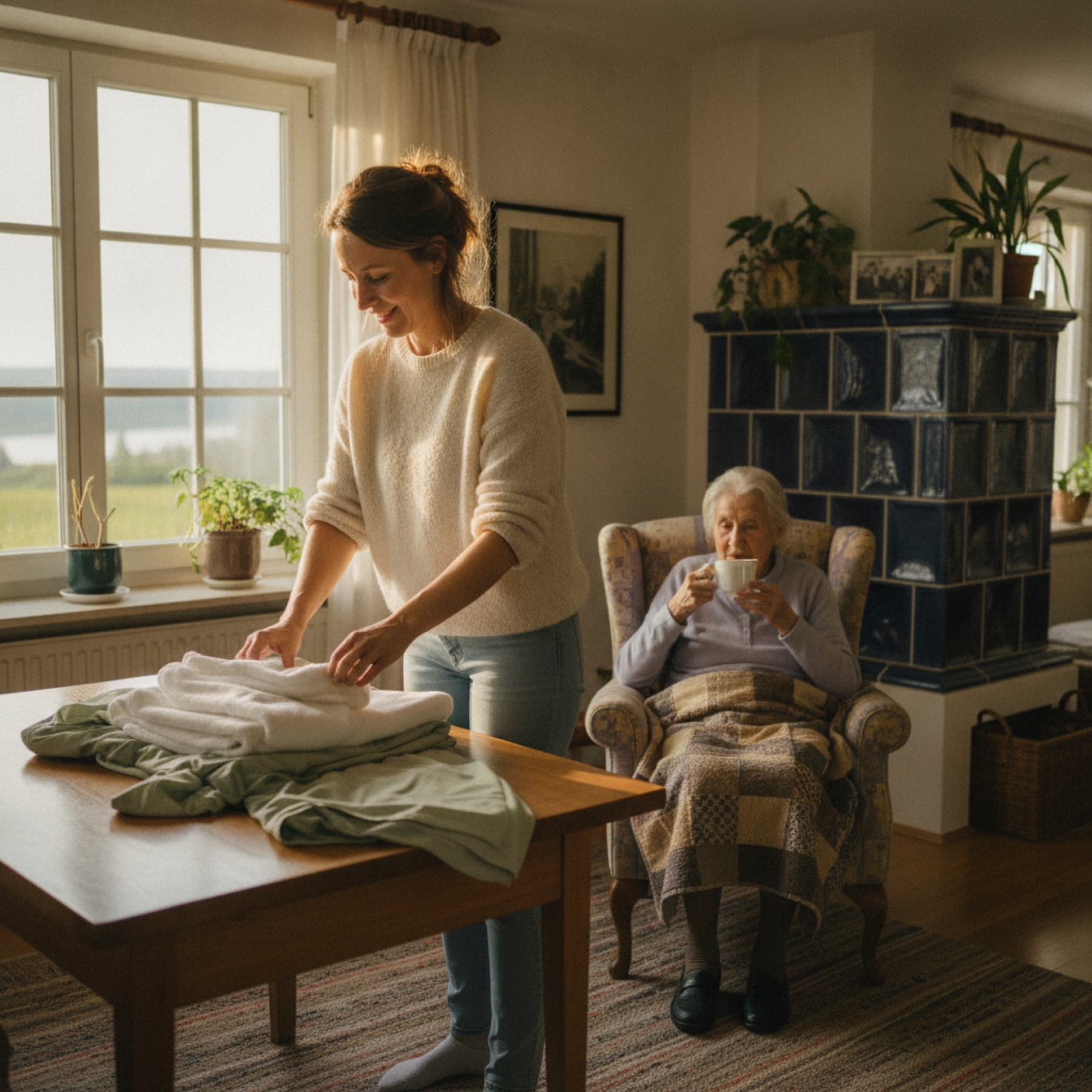 Eine Frau faltet Wäsche, eine Seniorin sitzt mit einer Tasse im Sessel daneben.