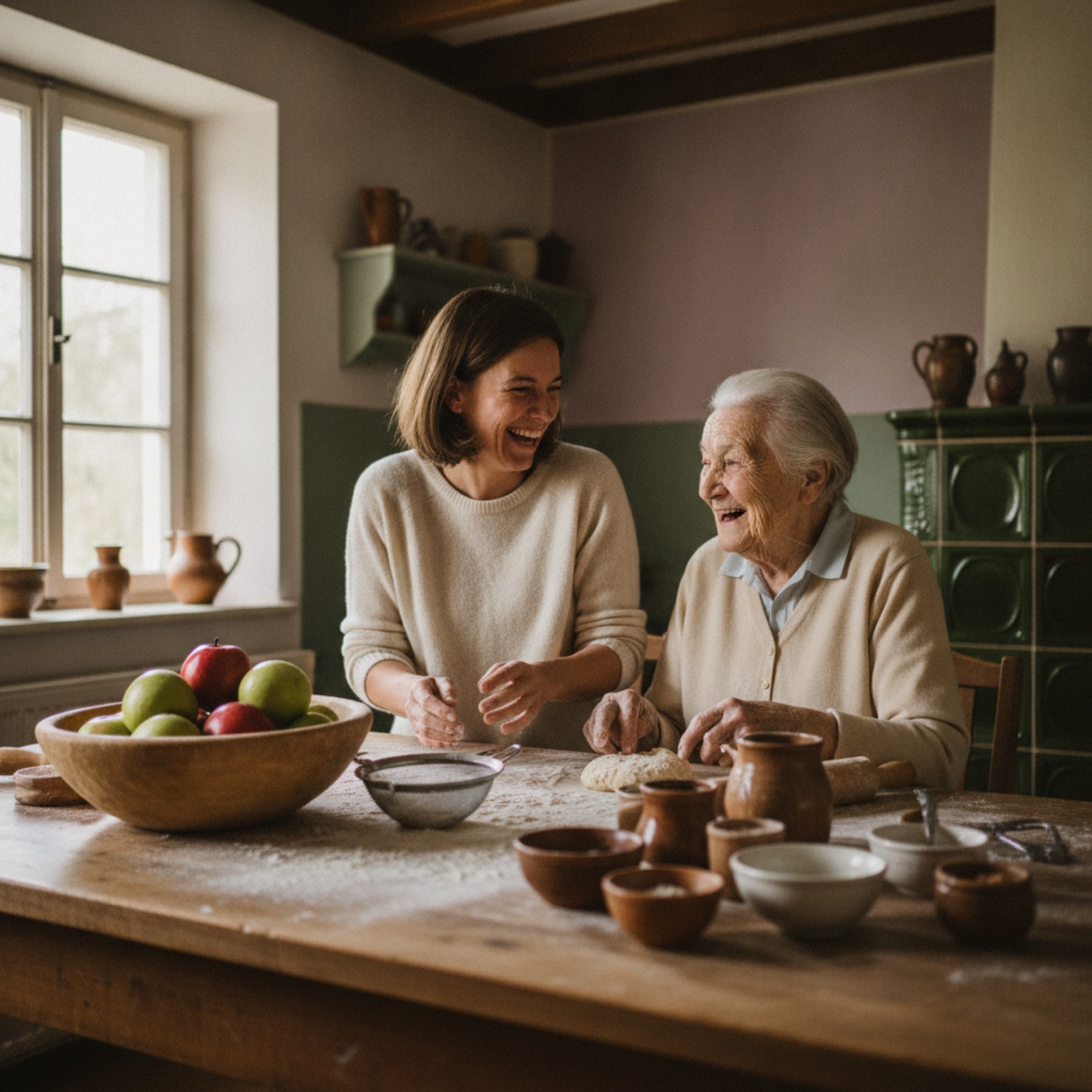 Eine jüngere Frau und eine ältere Dame backen gemeinsam in einer gemütlichen Küche und lachen.