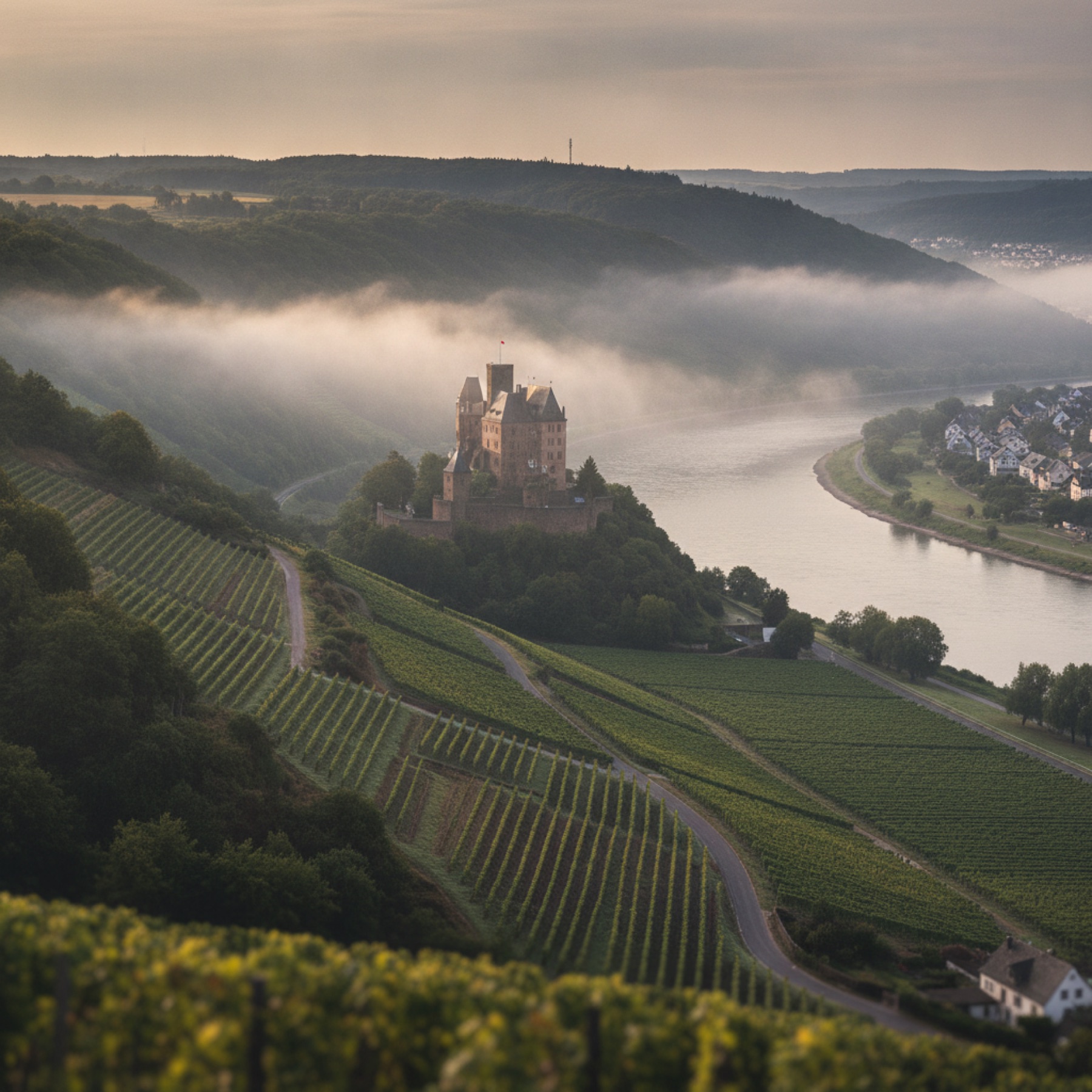 Blick über das Mittelrheintal mit Burg, Weinbergen und Morgennebel über dem Rhein.