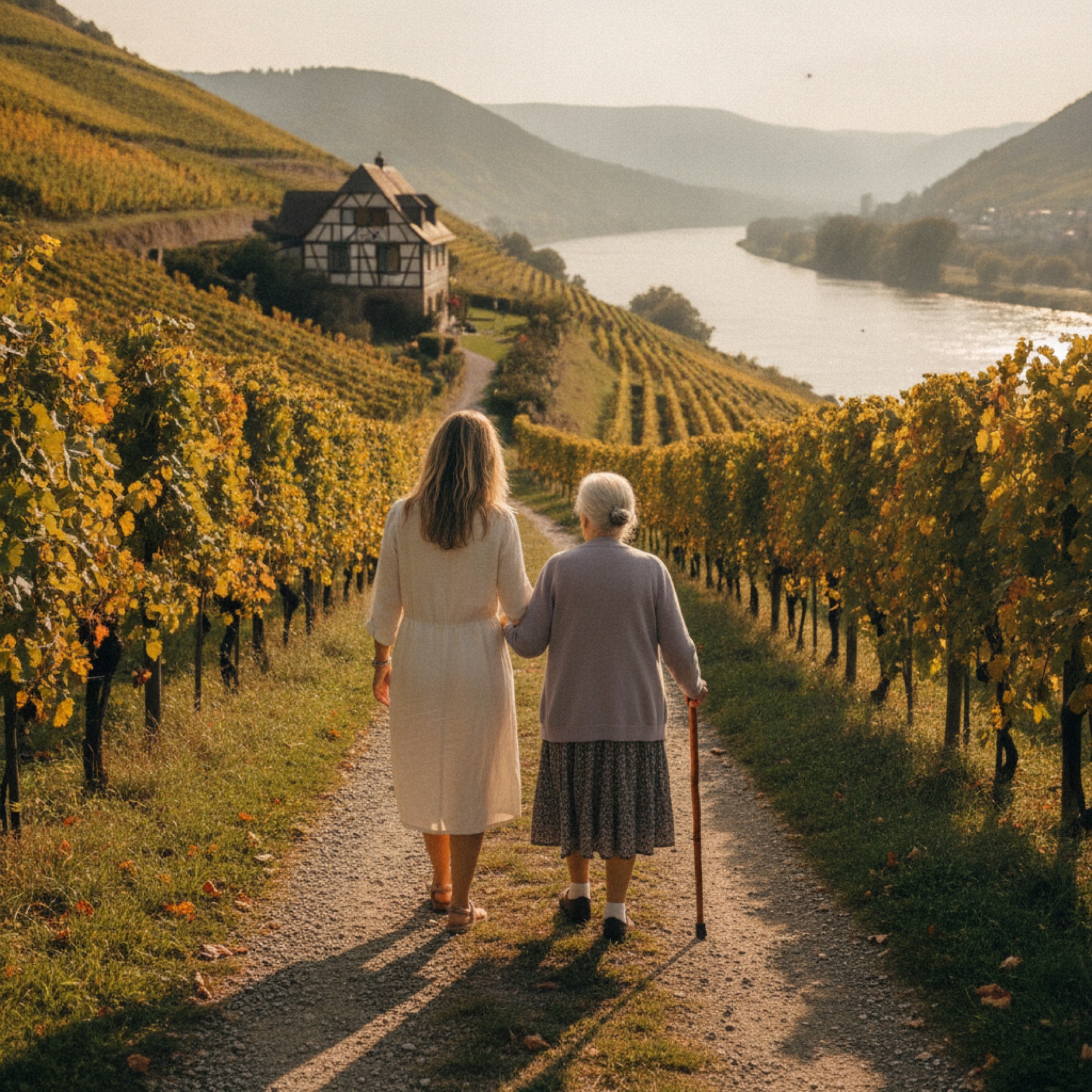 Zwei Frauen spazieren Arm in Arm auf einem Weg durch die Weinberge am Rhein.